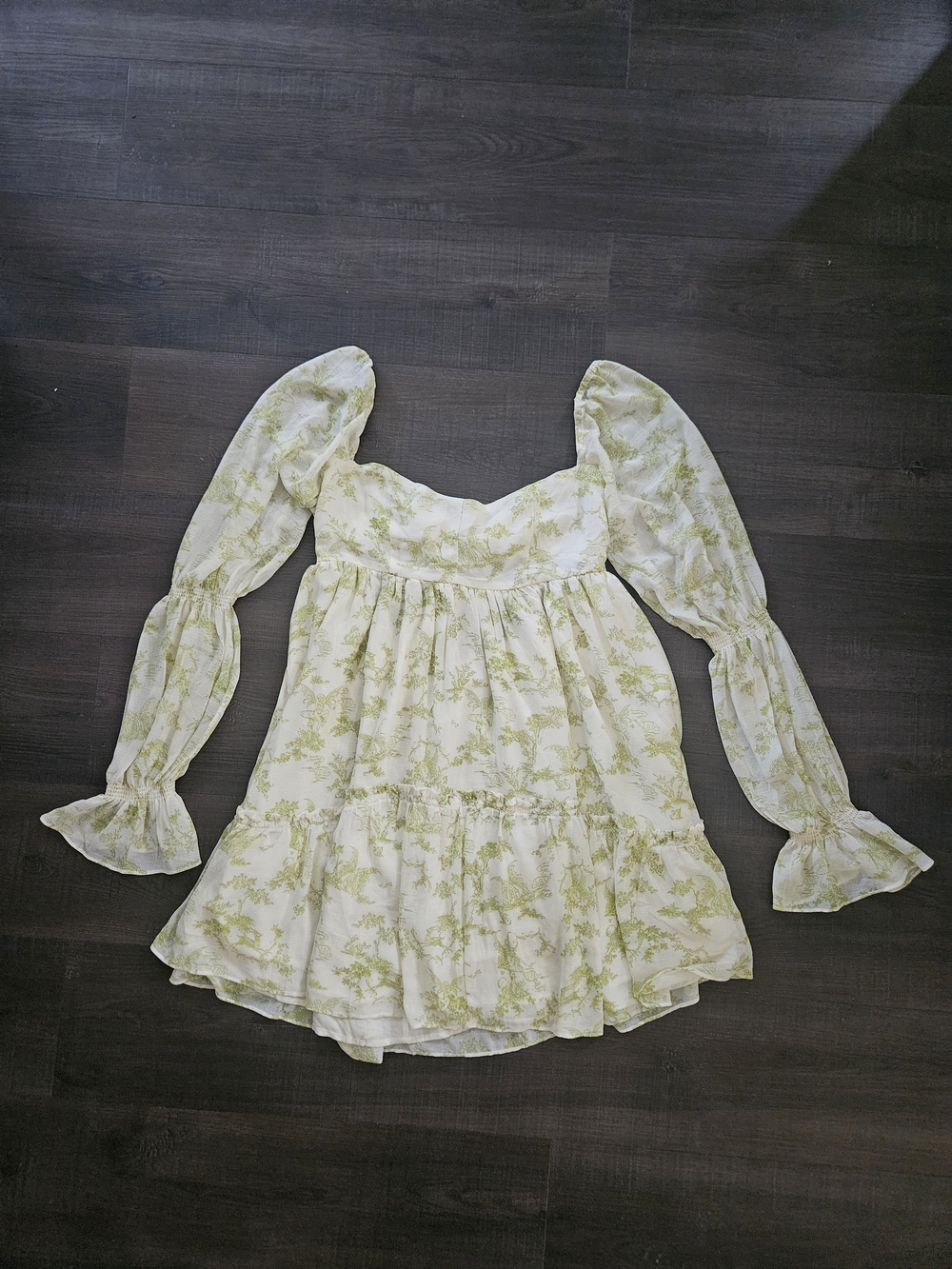 Urban Outfitters UO Lannette Long Sleeve Mini Dress Green Toile Floral Size L